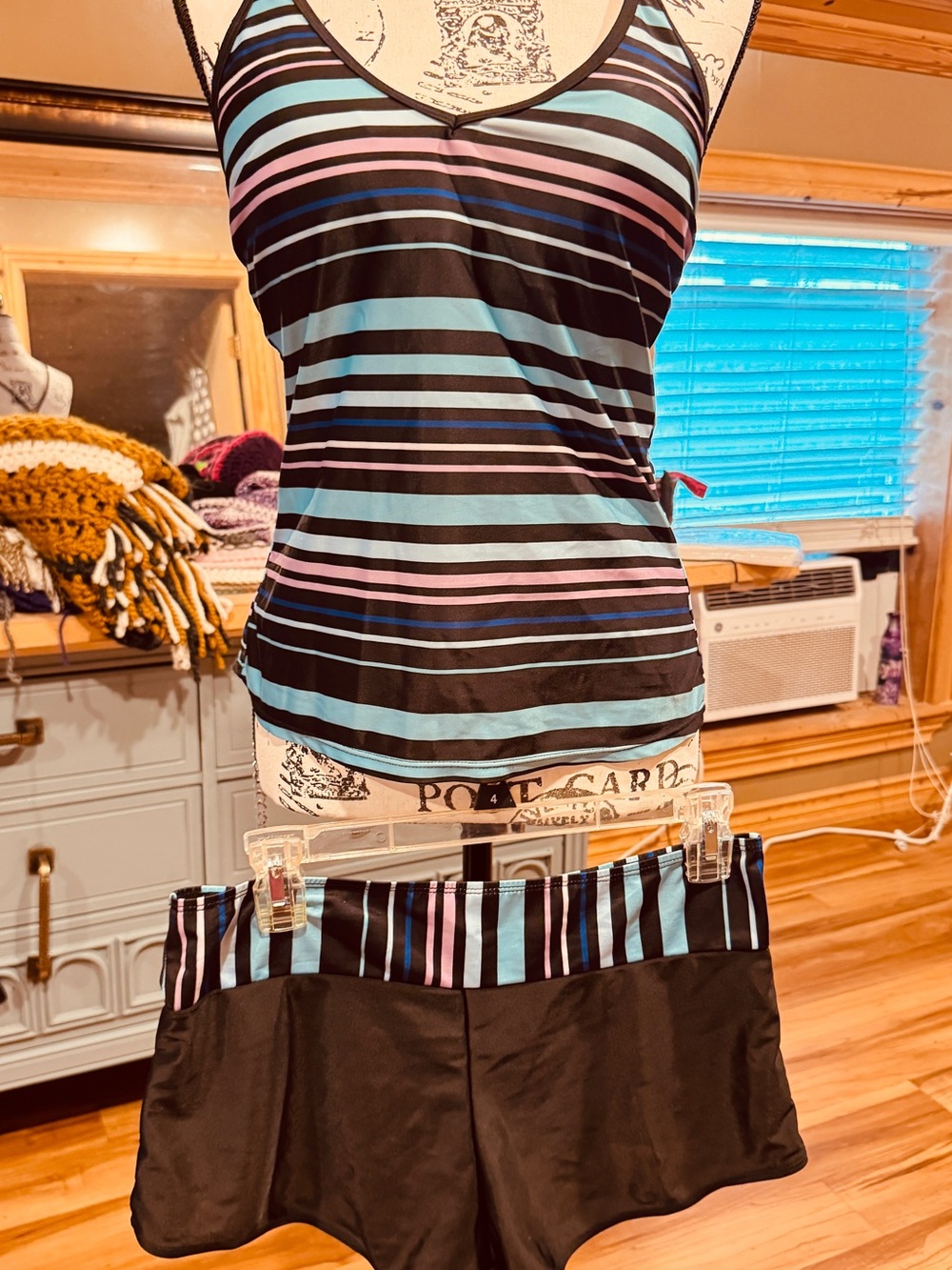 Striped Black & Aqua Tankini Top with Black Swim Shorts